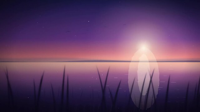 Cinematic dawn wetland landscape with glowing sun rippling violet water reeds mist and flying birds seamless loop footage
