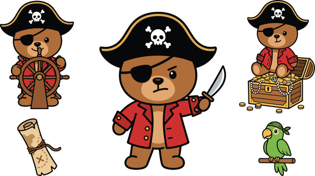 Cute pirate teddy bear cartoon character vector elements set featuring eye patch captain hat treasure chest map and parrot