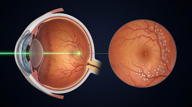 Illustration of laser treatment targeting the retina of a human eye, showing retinal abnormalities and a detailed fundus view.