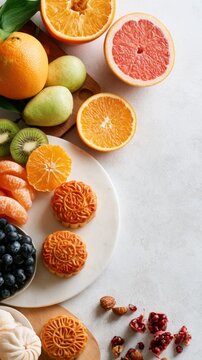 Mid Autumn Moon Assorted mooncakes arranged with citrus fruits on marble board