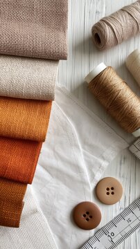 Flat lay warm fabric swatches with thread spools buttons and measuring tape for capsule wardrobe sewing project background and design