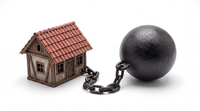 Model house chained to iron ball, mortgage debt burden concept