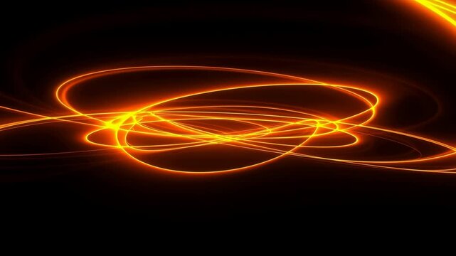 Glowing orange light trails sweep through overlapping elliptical loops on black background, shifting around bright central crossings beneath broad luminous arcs