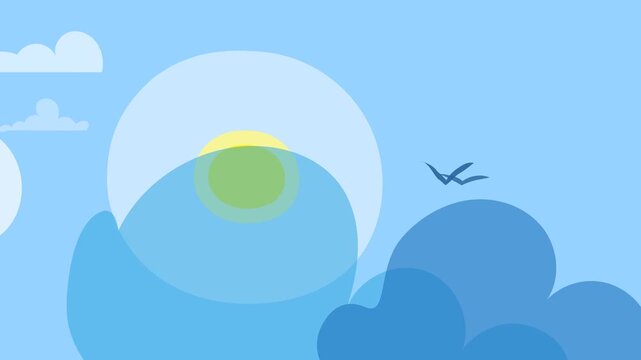 Animated flat vector sun and clouds in blue sky