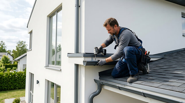 professional roofer inspecting and repairing roof flashing on modern residential building during daytime
