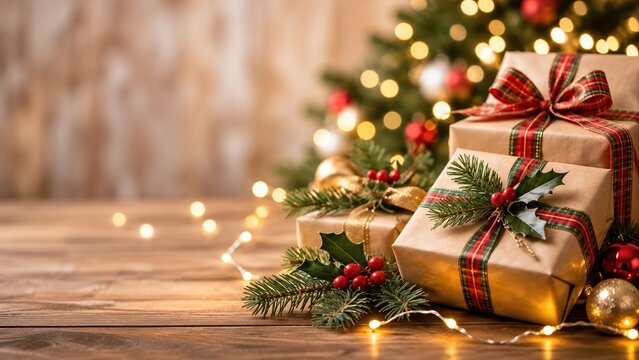 wrapped christmas gift boxes with red and green ribbons, holly berries, fir branches and warm lights on wooden table