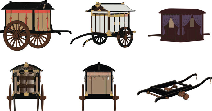 Ancient Japanese ox cart and palanquin vector illustration set featuring traditional imperial carriages sedan chairs and historical transport elements from the Heian period.
