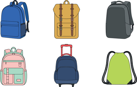 Backpack vector icon set featuring classic school rucksacks travel luggage trolley bags and drawstring sacks isolated on white background for retail design