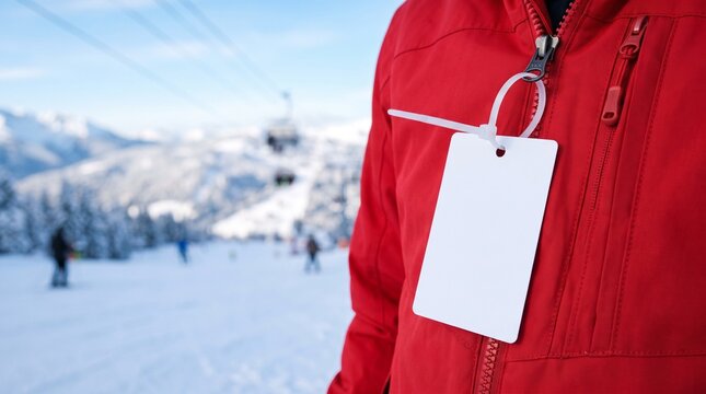 Blank White Ski Lift Ticket Attached to Red Winter Jacket