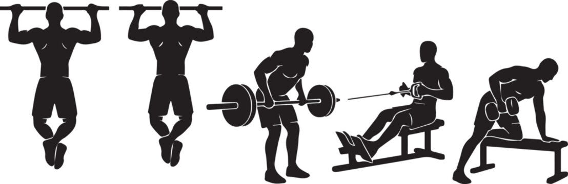 Back and arm strength training silhouettes featuring pull ups barbell rows and dumbbell movements for gym work.