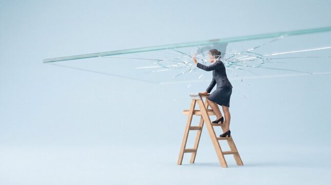Figurine on ladder breaking through cracked glass, glass ceiling