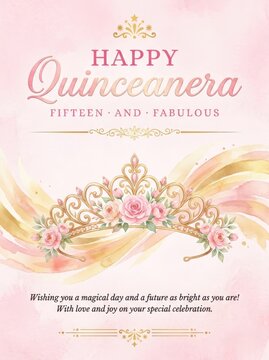 Quinceanera celebration greeting card with decorative tiara and roses design