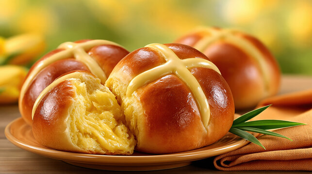 Hot cross bun golden bun glossy bun bread pastry plate rosemary napkin baked golden brown sweet soft glazed cross food bakery breakfast Easter