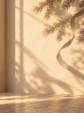 Minimal beige textured wall and stone surface lit by warm sunlight with soft shadows of pine branches and a hanging ribbon, leaving clean neutral copy space across the warm background
