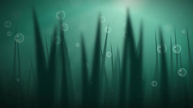 Macro cinematic loop of dewy spring meadow grass blades swaying with glowing light shafts and shimmering pollen background video
