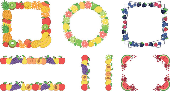 Fresh fruit frame vector collection featuring decorative borders wreaths and corners with berries citrus and tropical fruits isolated on white background