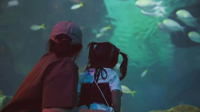 Rear view of Asian mother and toddler daughter watching shark swimming in large aquarium, curious little girl exploring underwater marine life with parent, family bonding, wildlife education
