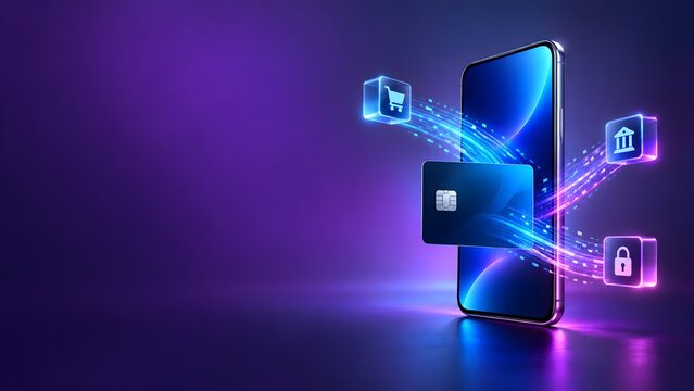 Blank credit card flying out of a smartphone with glowing digital security and ecommerce icons representing fast mobile payment