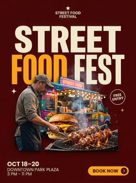 Street Food Festival Poster Showing Cooked Burgers And Grilled Meats