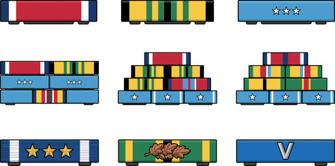 Naklejka premium Military ribbon rack vector illustration set featuring various army award bars service medals and honor badges isolated on white background