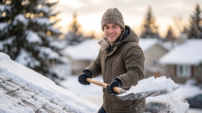 person shoveling roof, Young man shoveling snow off a roof in a winter suburban neighborhood  
