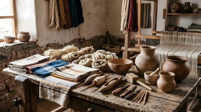 Traditional handcrafted textiles pottery and goods displayed on tables in a rustic village setting