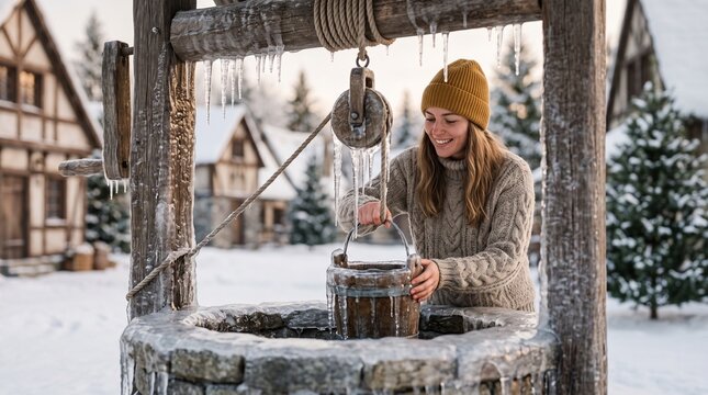 Icy village well, Young woman drawing water from well in snowy winter village