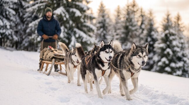 sled dogs pulling cart, Man riding dog sled with huskies in snowy winter forest  