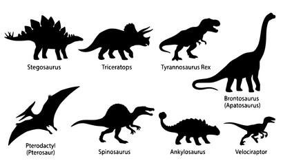 Dinosaur silhouette collection with labeled prehistoric species including Stegosaurus, Triceratops, Tyrannosaurus Rex and Velociraptor © Prodip