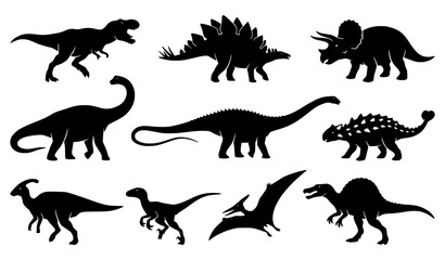Collection of black dinosaur silhouettes featuring tyrannosaurus, stegosaurus, triceratops and various prehistoric dinosaurs © Prodip