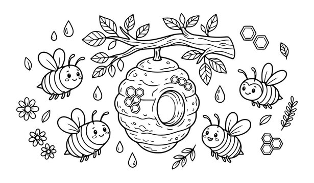 Cute floral teapot with bees, flowers, leaves and honeycomb decorations, detailed coloring page