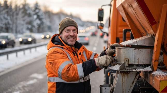 highway with salt truck, Middle-aged man in orange jacket operating snow plow truck on winter road  