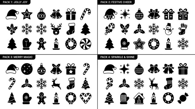 Black and white Christmas icon set vector stickers for winter holidays