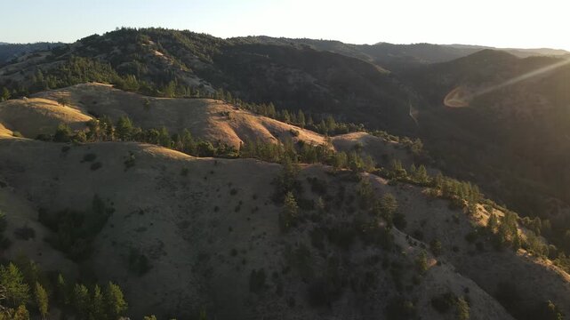 Aerial shot of the coastal mountains along the pacific ocean in Central California near Big Sur