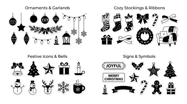 Christmas Holiday Vector Icon Pack with Festive Silhouette Elements
