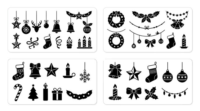 Black Silhouette Christmas Holiday Ornament and Decoration Icon Set