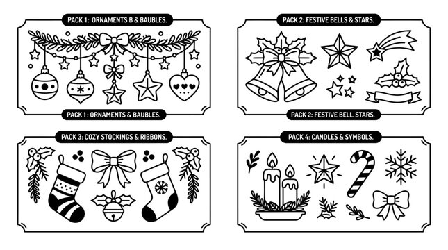 Christmas holiday vector line art icon set with festive decorations