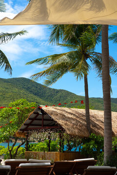 Tropical beach resort with palm trees, thatched gazebo, sun loungers and sea view under blue sky