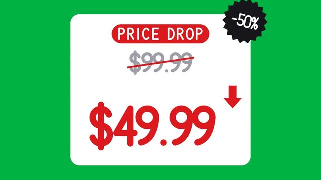 White price card shows an old dollar price crossed out in red, then a lower new price slams in with a down arrow and minus 50 percent badge on green screen