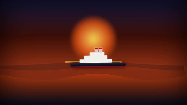 Cruiser ship sailing across the ocean during a dramatic red sunset