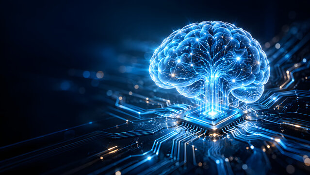 Holographic glowing digital brain on circuit board, artificial intelligence neural network and machine learning technology concept with copy space