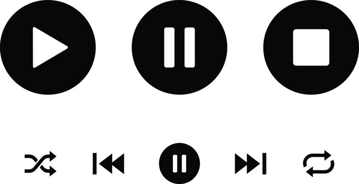 Black media player control buttons set featuring flat play pause stop shuffle and repeat icons vector
