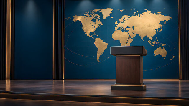 Empty wooden speaker podium with microphone on stage, golden world map backdrop, global conference and diplomatic speech concept with copy space
