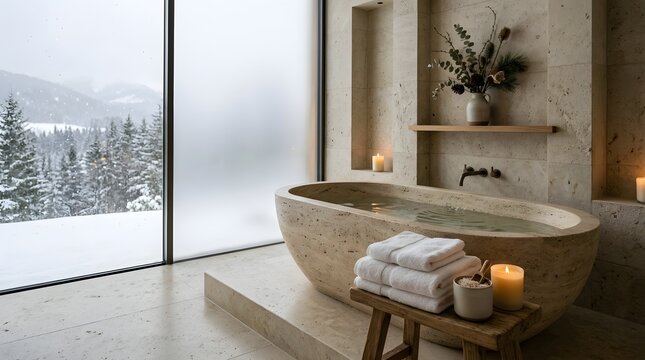 Luxurious bathroom with a freestanding tub and a snowy mountain view through large windows