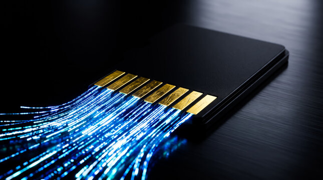 Highspeed data transfer concept showing a memory card with glowing blue fiber optic cables connected to its gold contacts