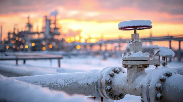 A snow-covered industrial valve and pipes emitting smoke on a winter morning, with a factory in the background. Concept of frost resistance, oil and gas infrastructure