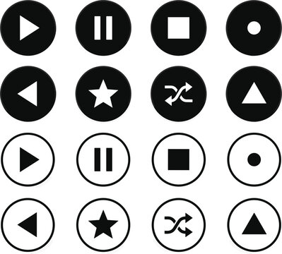 Circular media player interface button icons set with solid black and thin outline style controllers vector