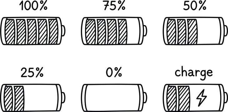 Clean black ink line art battery status icons showing life percentages from full capacity to zero charge