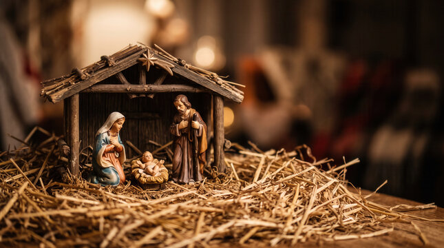 Miniature nativity figurines on a bed of straw in warm spotlight  
