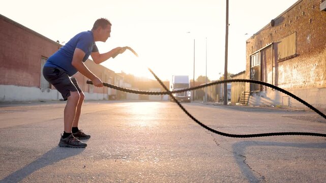 Middle-aged man, trying to get back into shape, working out in the warehouse district in Los Angeles.